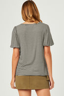 HDY5871 BLACK Womens Striped Puff Sleeve Knit T Shirt Back