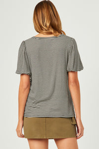 HDY5871 BLACK Womens Striped Puff Sleeve Knit T Shirt Back