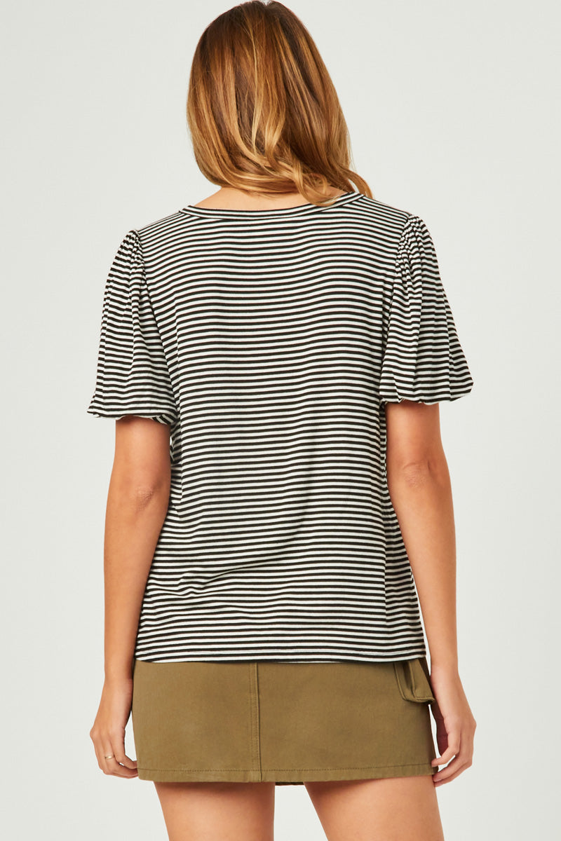 HDY5871 BLACK Womens Striped Puff Sleeve Knit T Shirt Back