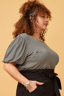 HDY5871W BLACK Plus Striped Puff Sleeve Knit T Shirt Detail