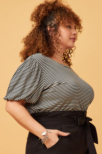 HDY5871W BLACK Plus Striped Puff Sleeve Knit T Shirt Detail