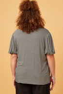 HDY5871W BLACK Plus Striped Puff Sleeve Knit T Shirt Back