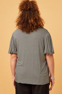 HDY5871W BLACK Plus Striped Puff Sleeve Knit T Shirt Back