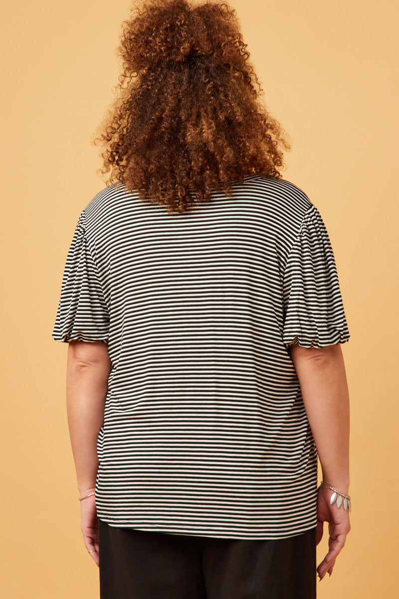 HDY5871W BLACK Plus Striped Puff Sleeve Knit T Shirt Back