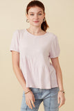 HDY7108 Lavender Womens Textured Puff Sleeve Asymmetric Panel Knit Top Front