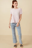 HDY7108 Lavender Womens Textured Puff Sleeve Asymmetric Panel Knit Top Full Body