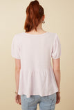 HDY7108 Lavender Womens Textured Puff Sleeve Asymmetric Panel Knit Top Back