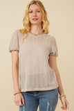 Womens Ribbed Knit Textured Puff Sleeve Top Front