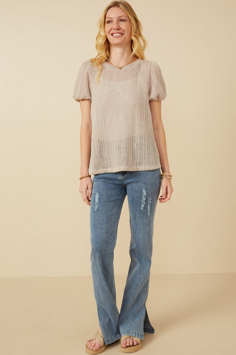 Womens Ribbed Knit Textured Puff Sleeve Top