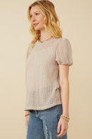 Womens Ribbed Knit Textured Puff Sleeve Top Side