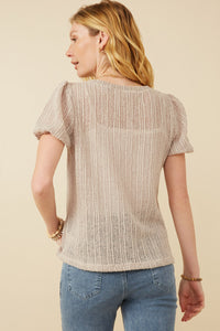 Womens Ribbed Knit Textured Puff Sleeve Top Back