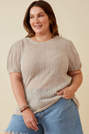 Plus Ribbed Knit Textured Puff Sleeve Top Front