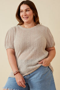 Plus Ribbed Knit Textured Puff Sleeve Top Front