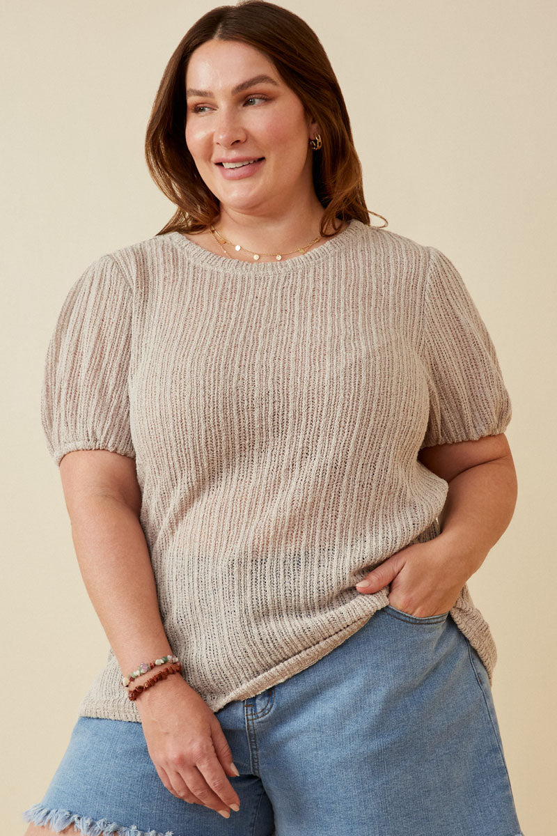 Plus Ribbed Knit Textured Puff Sleeve Top Front