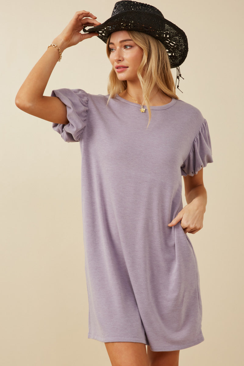 Gathered Puff Sleeve French Terry Knit Dress