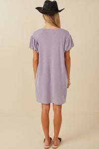 Womens Gathered Puff Sleeve French Terry Knit Dress Back