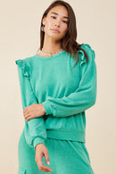 HDY8779 Green Womens Ruffled Long Sleeve French Terry Knit Top Front