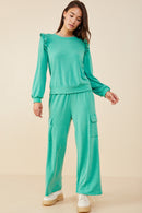 HDY8779 Green Womens Ruffled Long Sleeve French Terry Knit Top Pose