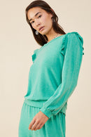 HDY8779 Green Womens Ruffled Long Sleeve French Terry Knit Top Side