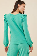 HDY8779 Green Womens Ruffled Long Sleeve French Terry Knit Top Back