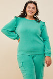 HDY8779W Green Plus Ruffled Long Sleeve French Terry Knit Top Front