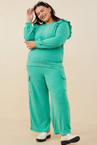 HDY8779W Green Plus Ruffled Long Sleeve French Terry Knit Top Pose