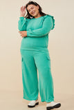 HDY8779W Green Plus Ruffled Long Sleeve French Terry Knit Top Pose