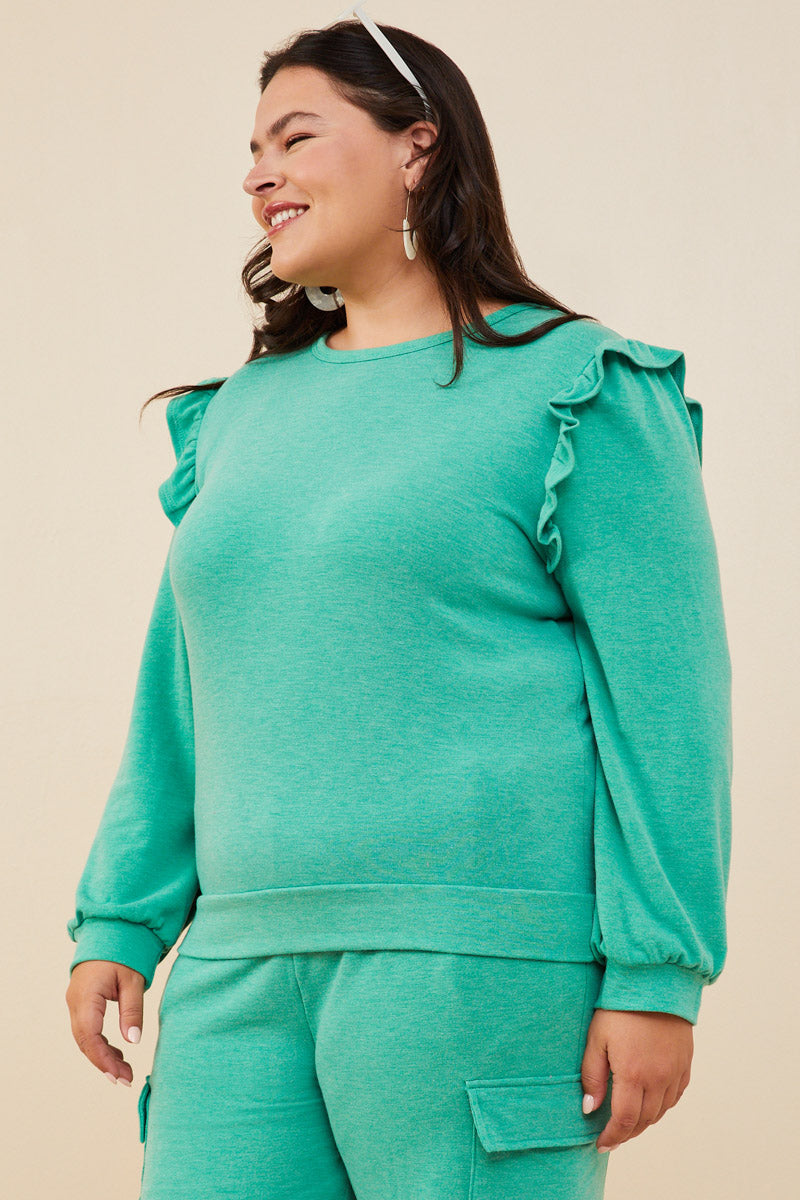 HDY8779W Green Plus Ruffled Long Sleeve French Terry Knit Top Side