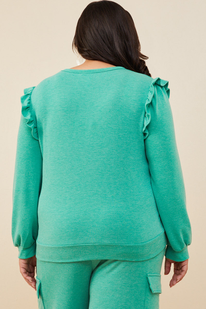 HDY8779W Green Plus Ruffled Long Sleeve French Terry Knit Top Back
