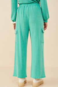 HDY8781 Green Womens Elastic Waist French Terry Knit Cargo Pants Back