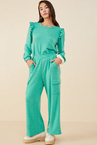 HDY8781 Green Womens Elastic Waist French Terry Knit Cargo Pants Front 2