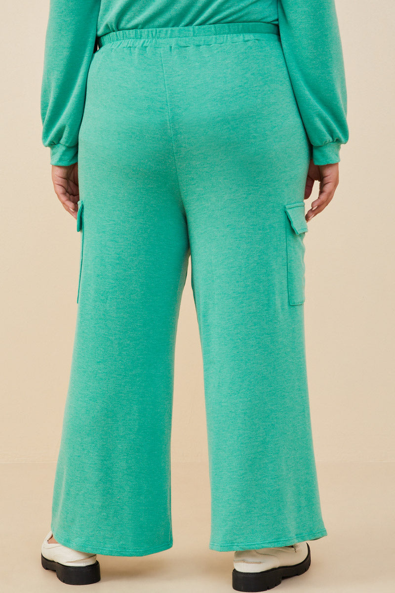 HDY8781W Green Womens Elastic Waist French Terry Knit Cargo Pants Back