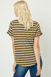 HJ1072 OLIVE Womens Stripe V-Neck Ruffle Tee Back