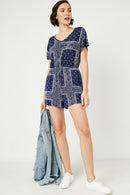 HJ3373 Navy Womens Bandana Print Pocket Knit Romper Full Body