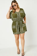 HJ3373W OLIVE Plus Bandana Print Pocket Knit Romper  Full Body