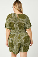 HJ3373W OLIVE Plus Bandana Print Pocket Knit Romper Back