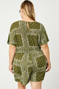 HJ3373W OLIVE Plus Bandana Print Pocket Knit Romper Back