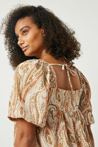 HJ3438 SALMON Womens Paisley Square Neck Tunic Dress Back