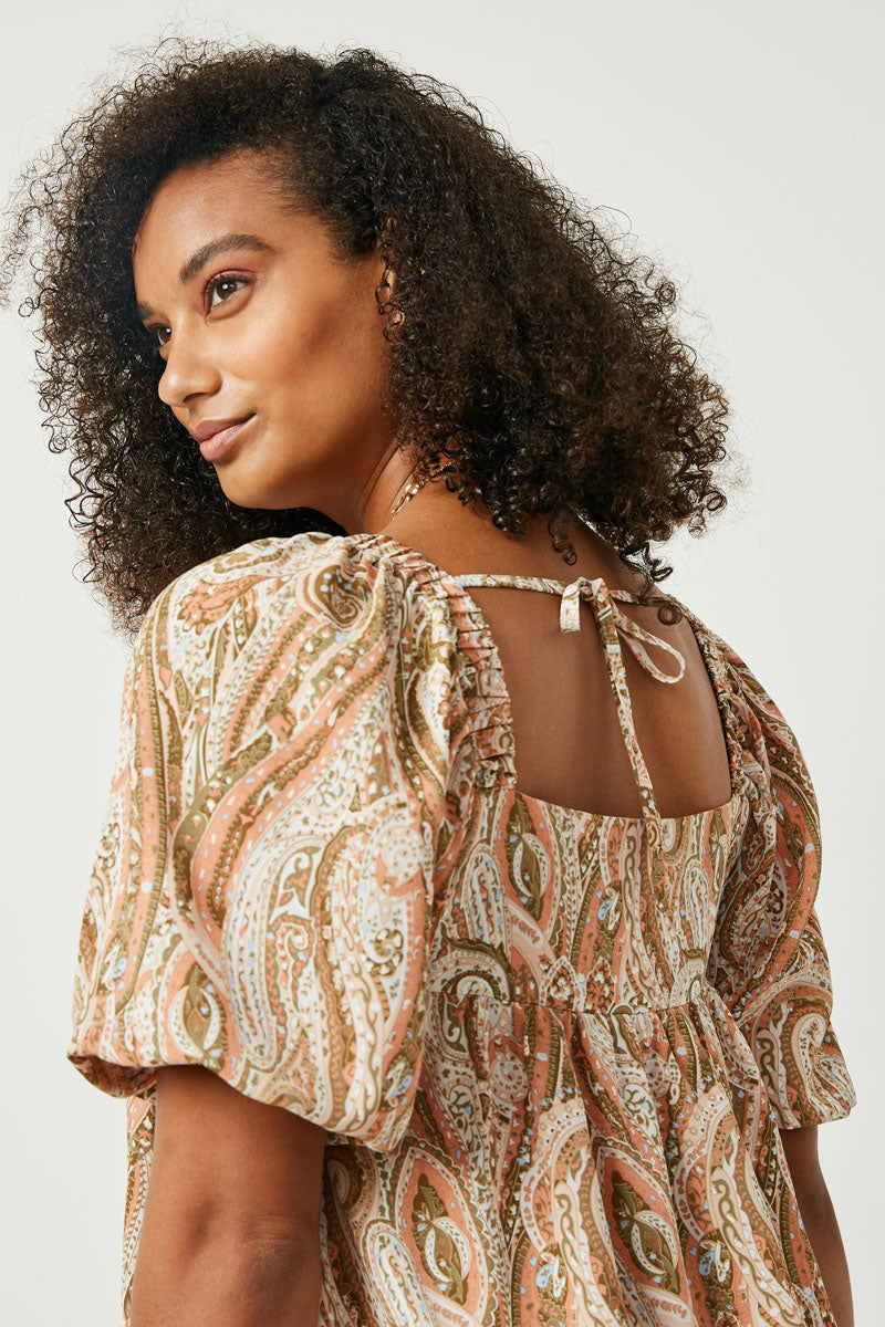 HJ3438 SALMON Womens Paisley Square Neck Tunic Dress Back