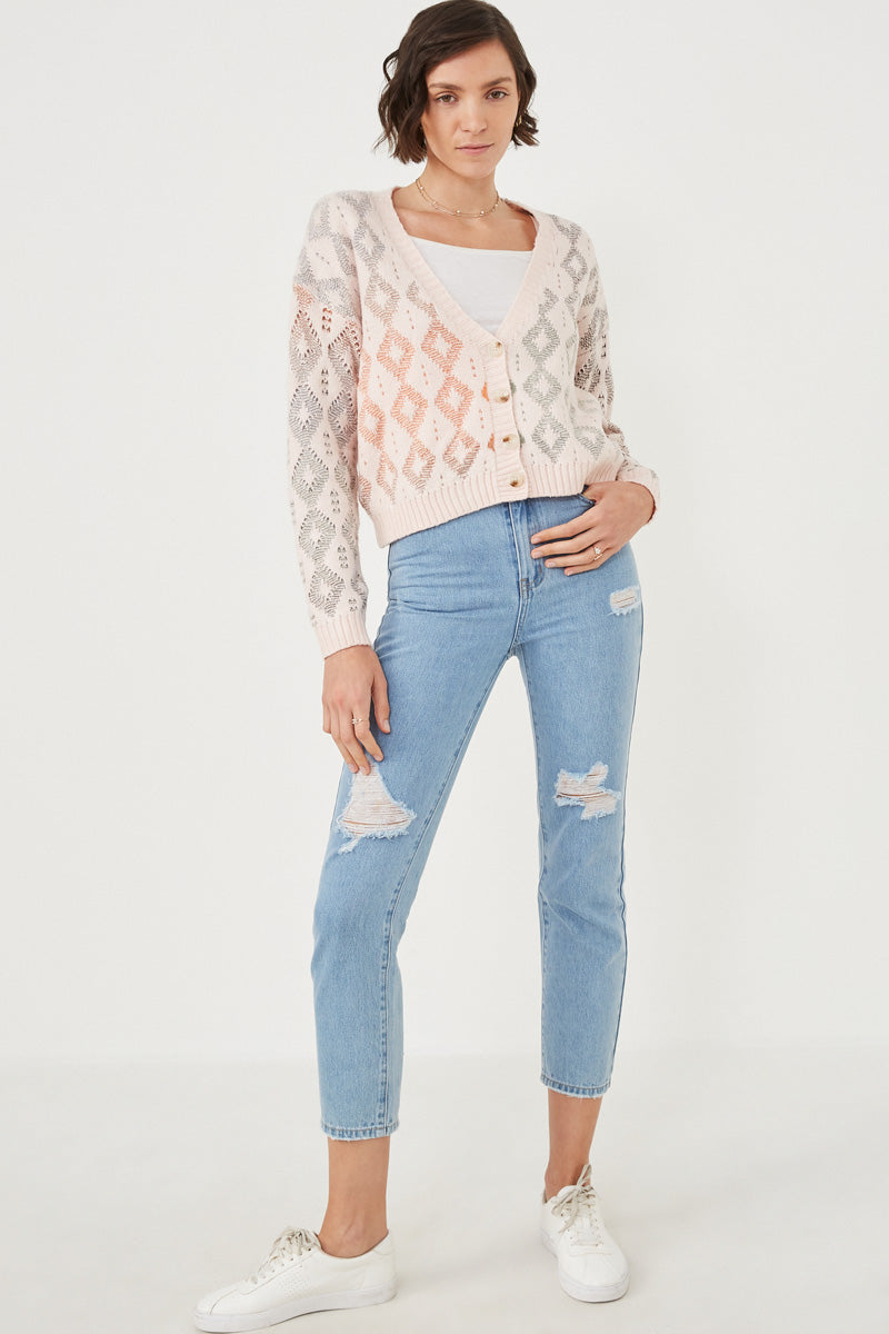 Womens Ombre Diamond Cropped Button Cardigan
