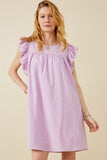HK1375 Lavender Womens Textured Lace Trim Ruffle Sleeve Dress Front