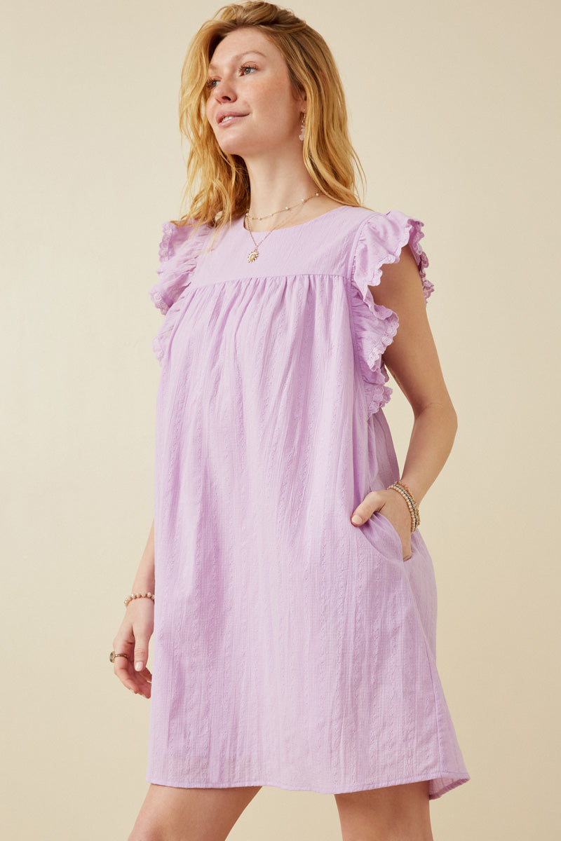 Textured Lace Trim Ruffle Sleeve Dress