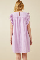 HK1375 Lavender Womens Textured Lace Trim Ruffle Sleeve Dress Back