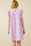 HK1375 Lavender Womens Textured Lace Trim Ruffle Sleeve Dress Back