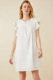 HK1375 Off White Womens Textured Lace Trim Ruffle Sleeve Dress Front