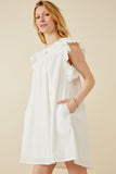 HK1375 Off White Womens Textured Lace Trim Ruffle Sleeve Dress Front 2