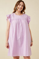 HK1375W Lavender Plus Textured Lace Trim Ruffle Sleeve Dress Front