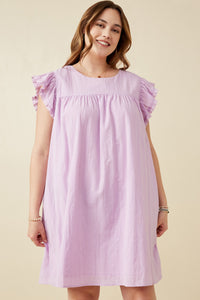 HK1375W Lavender Plus Textured Lace Trim Ruffle Sleeve Dress Front