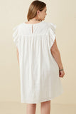 HK1375W Off White Plus Textured Lace Trim Ruffle Sleeve Dress Back