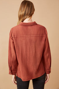 Womens Overdyed Textured Button Up Shirt Back